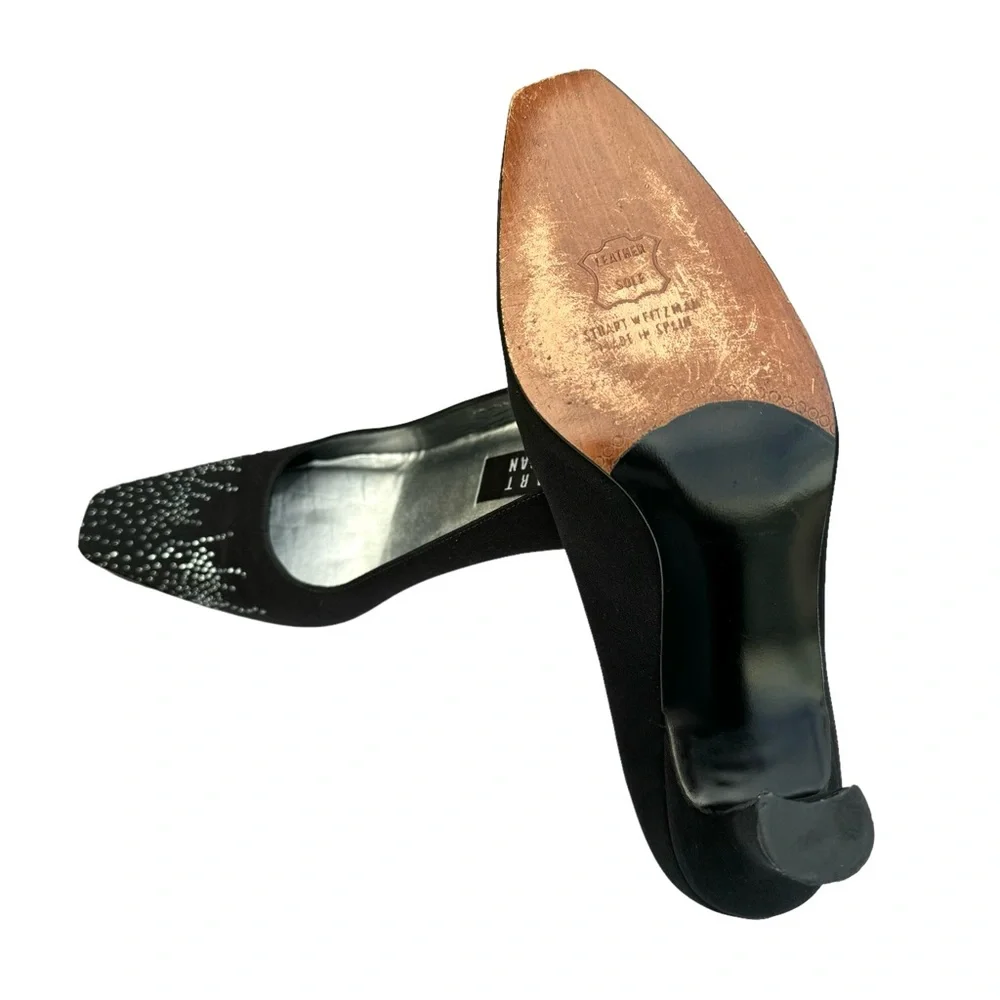 Stuart Weitzman Heels Crystal Embellishment Satin Black Pumps - Picture 16 of 17